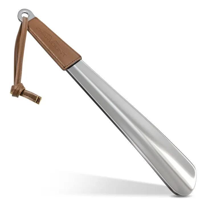 12-Inch Metal Shoehorn — Stainless Steel Shoe Horn with Leather Handle
