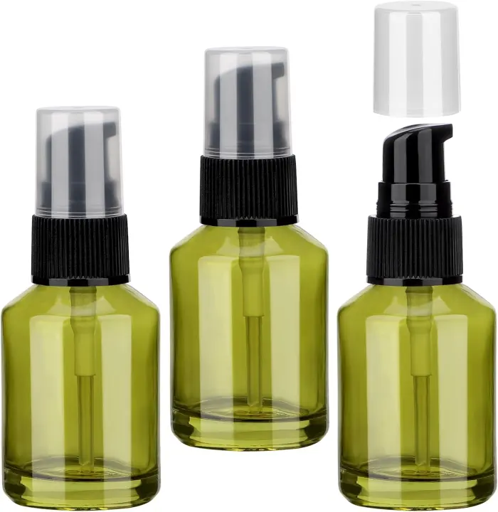 3-Pack Refillable 30ml Green Glass Pump Bottles for Travel