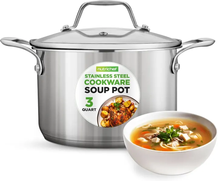 3-Quart Stainless Steel Soup Pot with Tempered Glass Lid — Heavy-Duty Stock Pot