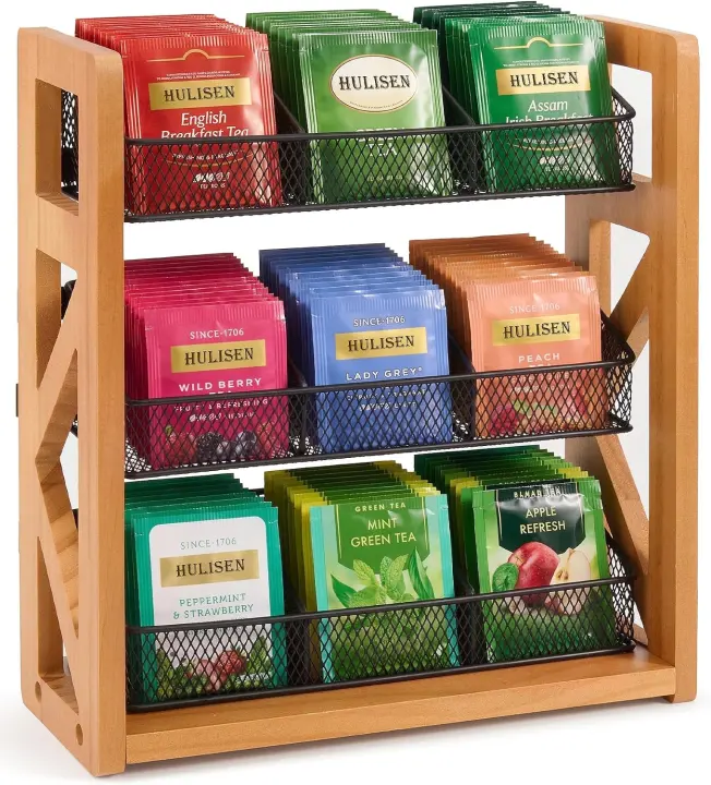 3-Tier Tea Bag Organizer Rack — Wooden & Metal, Holds 120 Bags