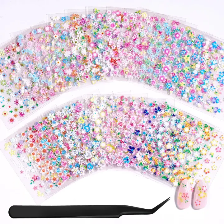 30-Pack 3D Floral Nail Stickers — Colorful Heart & Flower Decals
