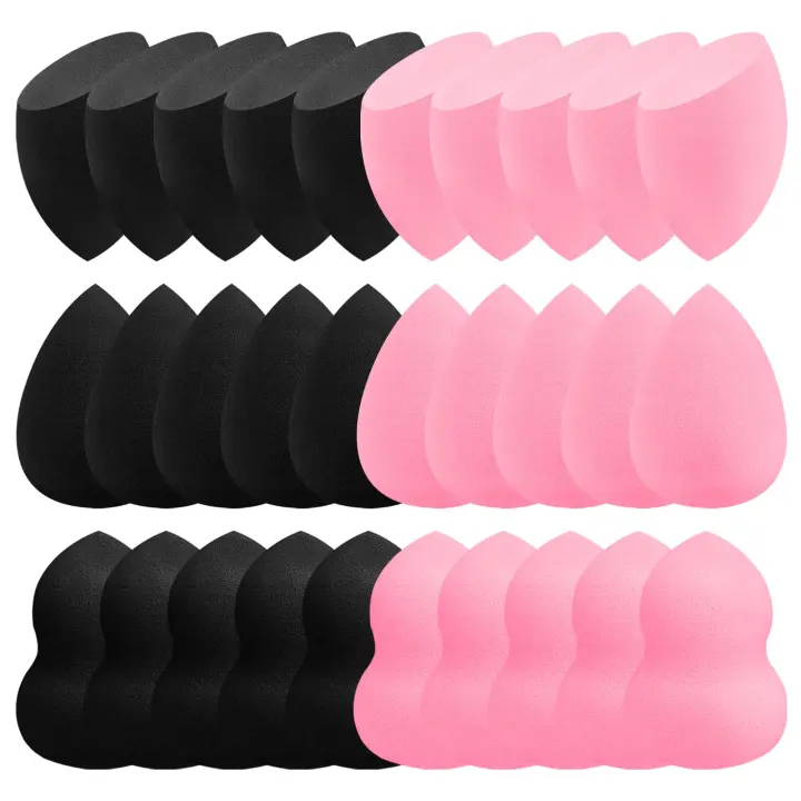 30-Piece Makeup Sponge Set — 15 Pink & 15 Black, Latex-Free
