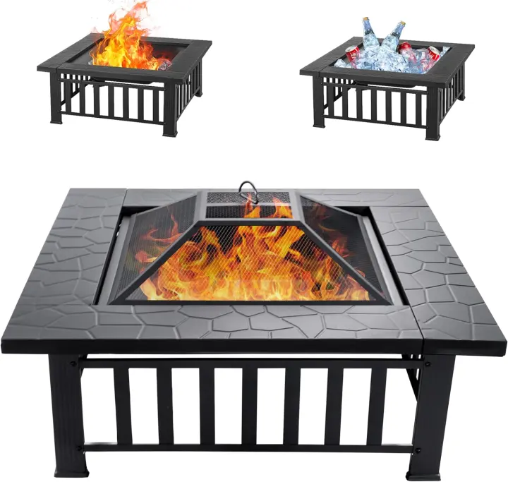 32-inch Square Wood-Burning Outdoor Fire Pit Table with Spark Screen