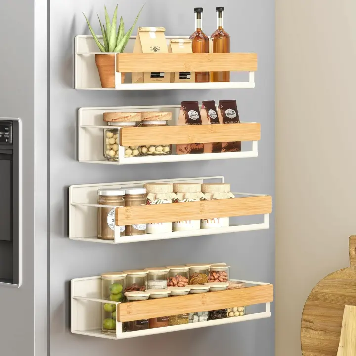 4-Pack Magnetic Bamboo Spice Shelves for Fridge — Strong Steel Racks