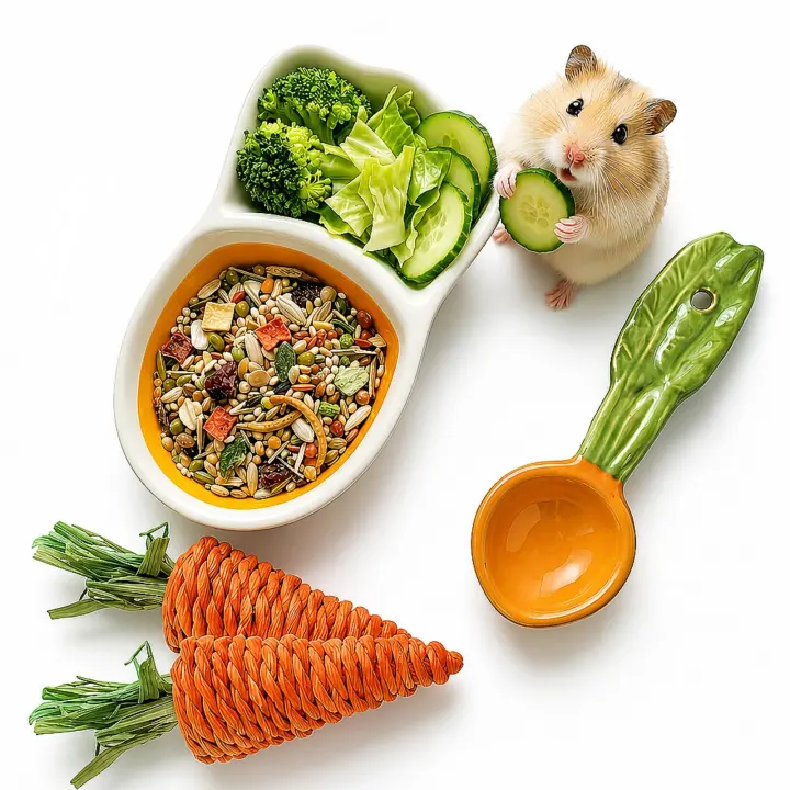4-Pc Ceramic Hamster Feeding Set — Divided Bowl, Spoon & Chews