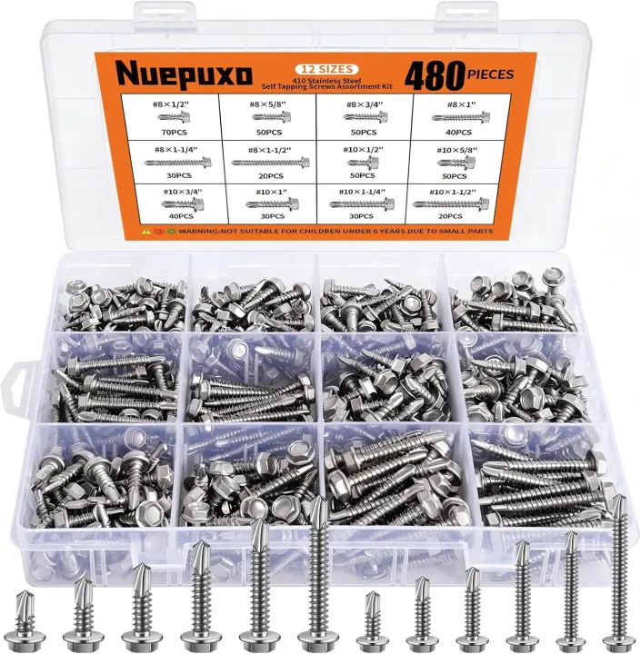 480pc Self-Drilling Hex Washer Screws — 410 Stainless Sheet Metal Assortment