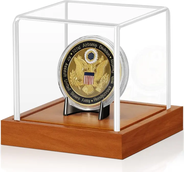 Acrylic Coin Display Case with Wood Base and Alloy Holder