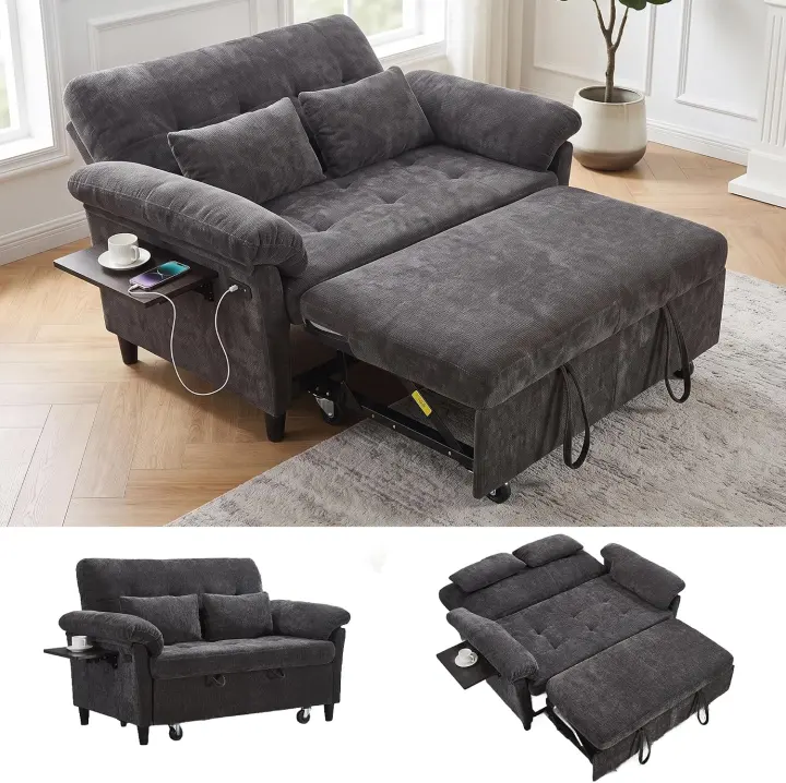 Actinidia 60-Inch Chenille Sleeper Loveseat Sofa Bed with Side Table & USB