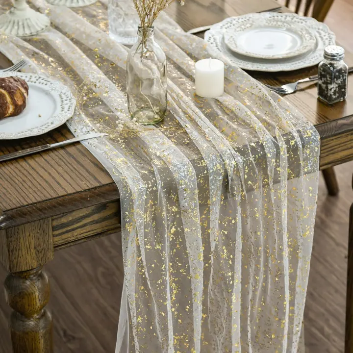 Beige Gold Sheer Gauze Table Runner — 120in Glitter Foil