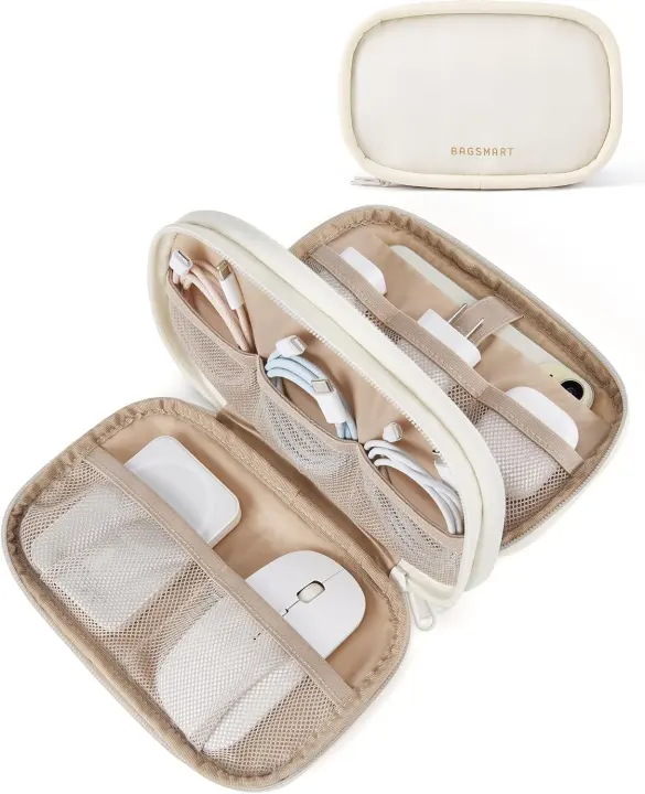 Beige Padded Electronics & Cable Organizer Travel Case