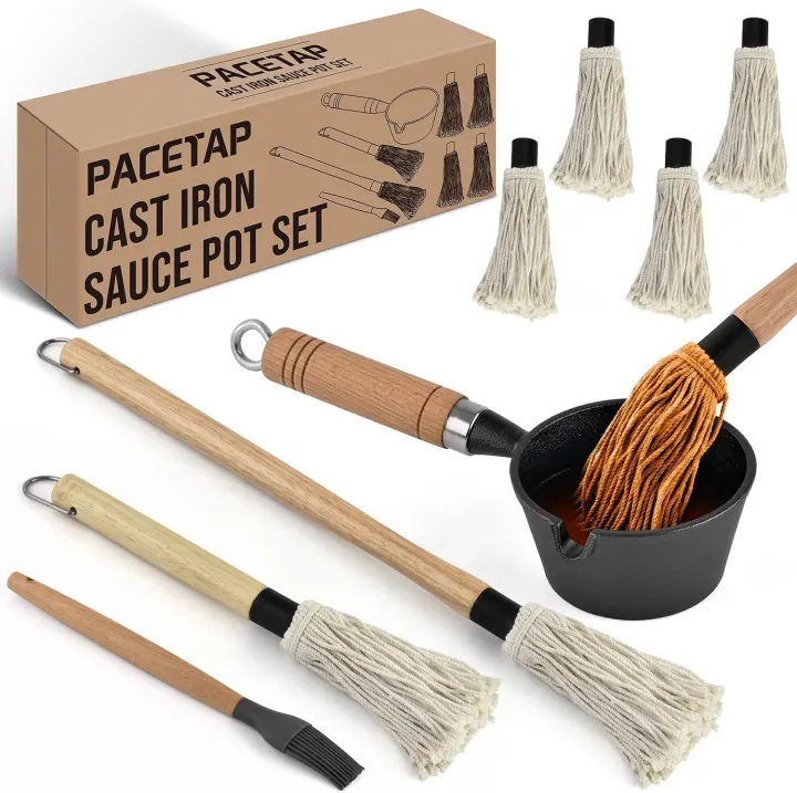 Cast Iron Sauce Pan with BBQ Basting Mop Set — 10-Piece Grilling Kit