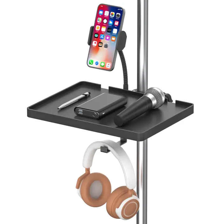 Clamp-On Microphone Stand Tray with Adjustable Phone & Headphone Holders