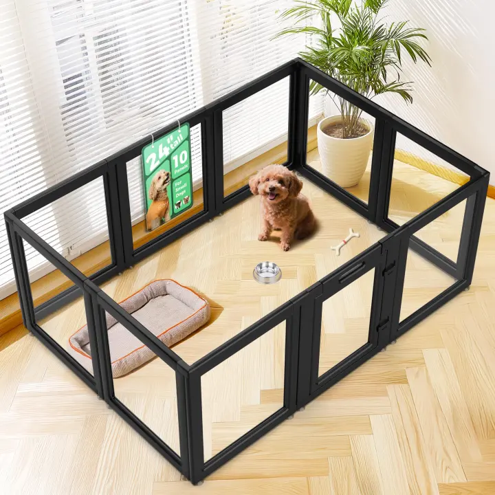 Clear Acrylic Indoor Dog Playpen — 24 in H, 10-Panel (Black Trim)