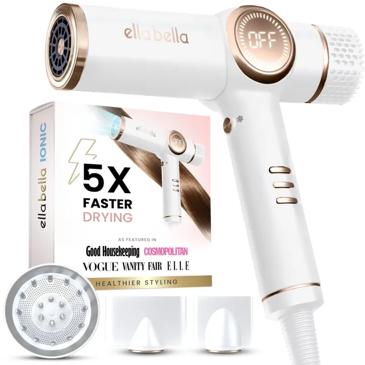 Ella Bella Professional Ionic Hair Dryer with Diffuser — Quiet, Lightweight