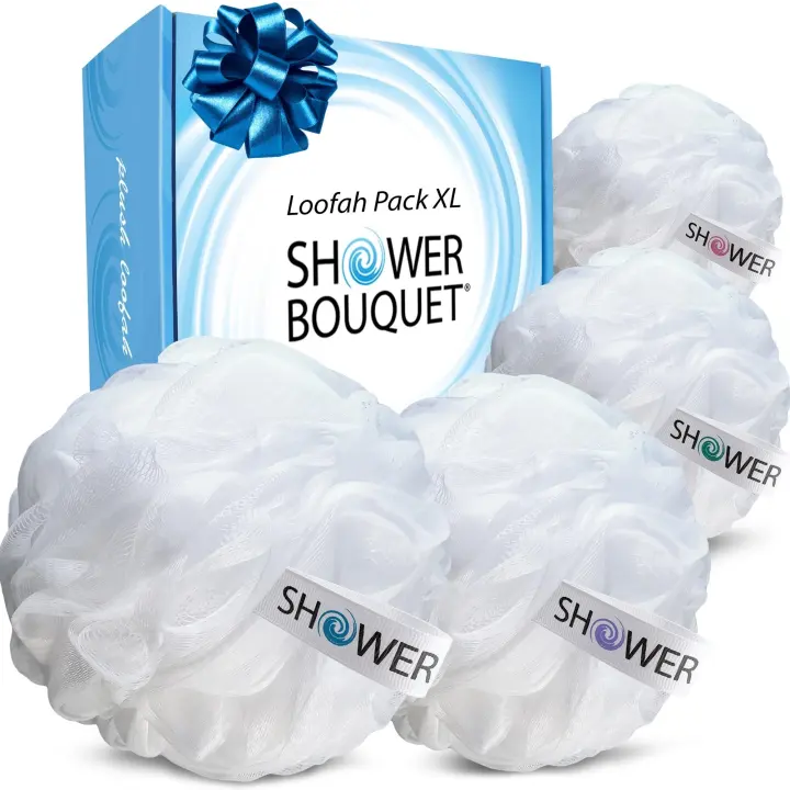 Extra-Large Shower Loofah Pouf 4-Pack — Soft Mesh 75g Bath Sponges