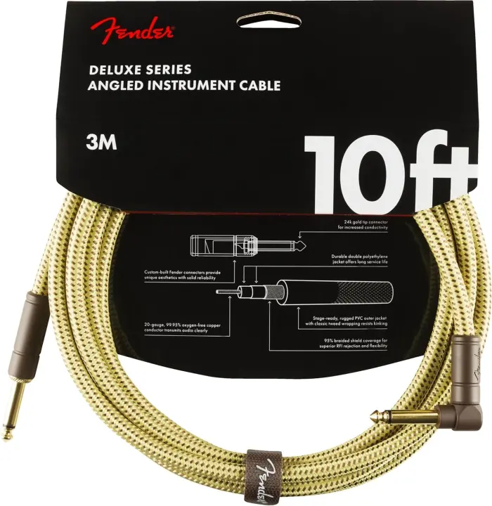 Fender Deluxe 10ft Instrument Cable — Straight to Right-Angle, Tweed
