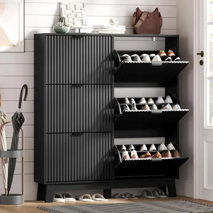Fluted 6-Drawer Narrow Shoe Cabinet with Wooden Legs — Black