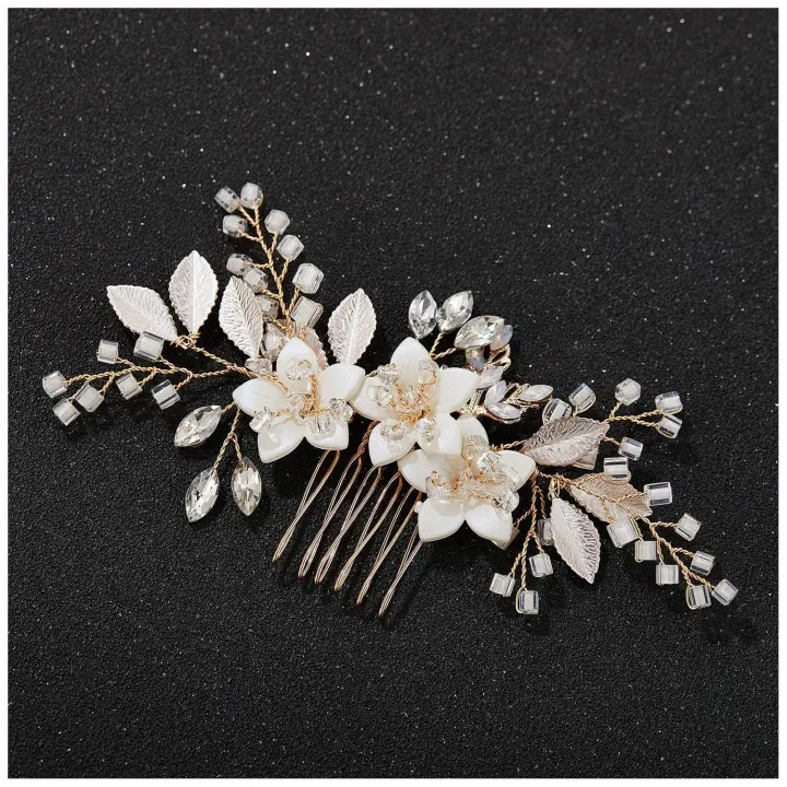 Gold Floral Bridal Hair Comb — Crystal Wedding Hair Clip