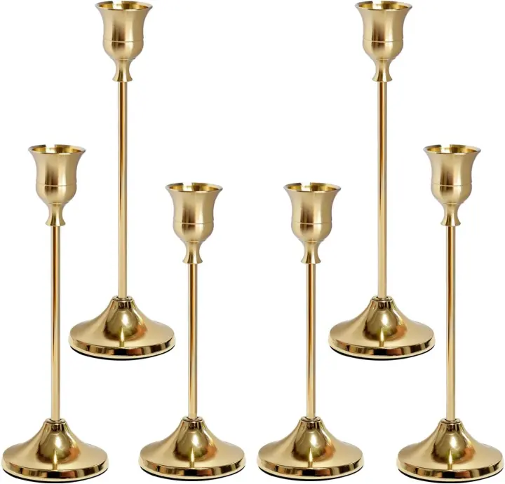 Gold Taper Candlestick Holders Set of 6 — Weighted Bases, 3 Heights