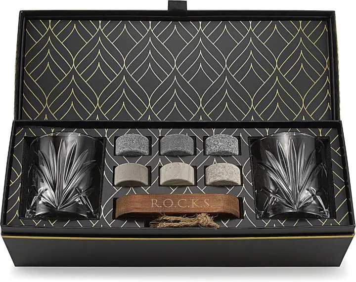 Granite Whiskey Chilling Stones Gift Set with Glasses & Hardwood Tray