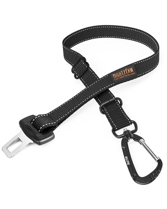 Heavy-Duty Dog Seat Belt with Aircraft-Grade Carabiner — Adjustable 16–26 in