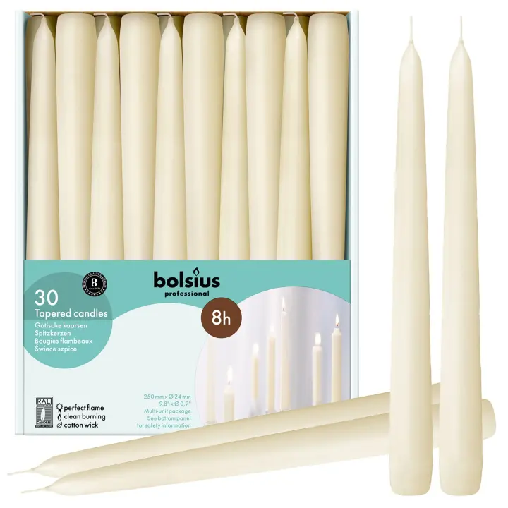 Ivory 10-inch Unscented Taper Candles — Pack of 30 (Dripless)