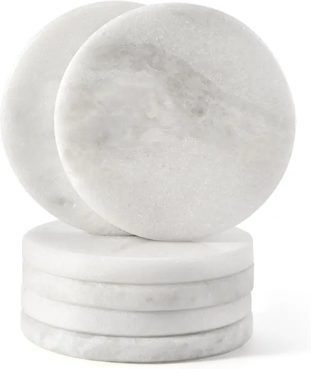 Koville White Marble Coaster Set — 6 Handmade 3.9" Round Drink Coasters