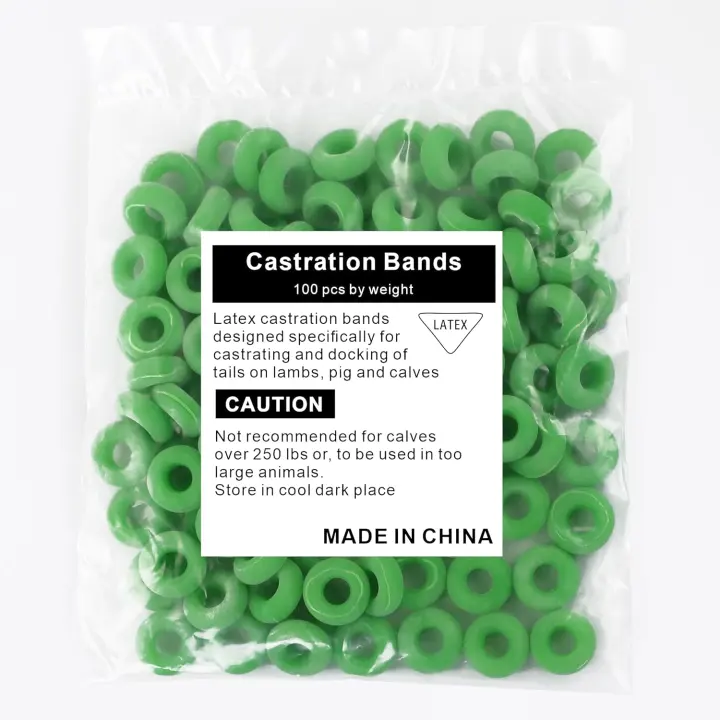 Latex Castration Bands — 100 Green Rings for Livestock
