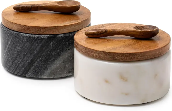 Marble Salt & Pepper Pinch Bowls — Set of 2 with Acacia Lids & Spoons