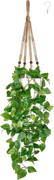Mkono Macramé Hanging Faux Pothos with Pot — Brown Indoor Decor