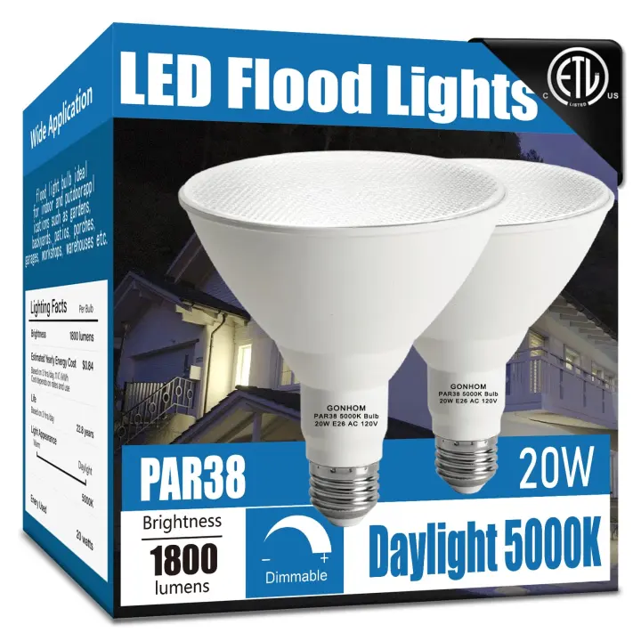 Par38 LED Flood Light Bulbs — 20W Dimmable Outdoor Floodlights (2-Pack)