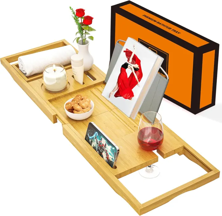 Premium Bamboo Expandable Bathtub Tray Caddy — Adjustable Spa Shelf