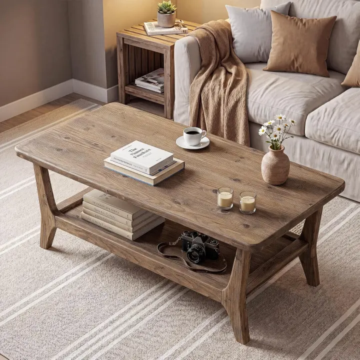 Solid Wood 2-Tier Coffee Table with Storage Shelf, 47.2" W