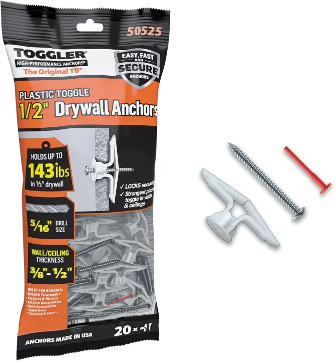 TOGGLER TB Drywall Toggle Anchors — 20-Pack for 3/8–1/2 in Walls